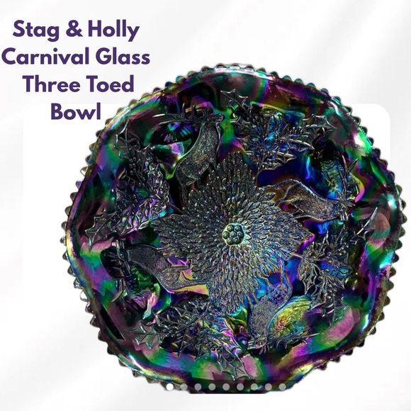 Stag & Holly Iridescent AmethystCarnival Glass Three Toed Bowl